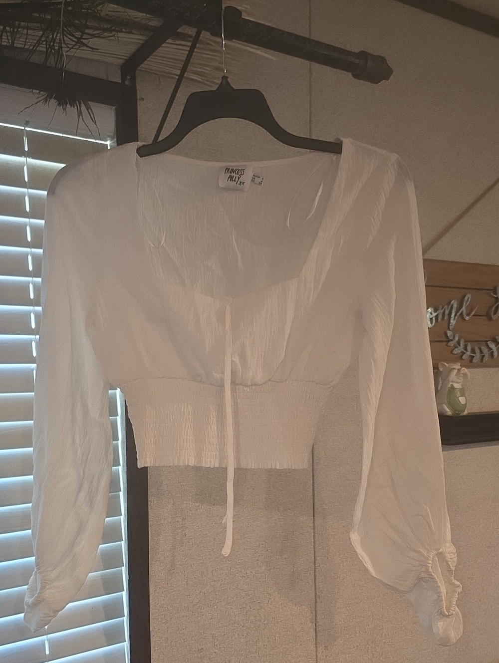 Princess Polly White Long Sleeve Smocked Crop Top with Front Tie